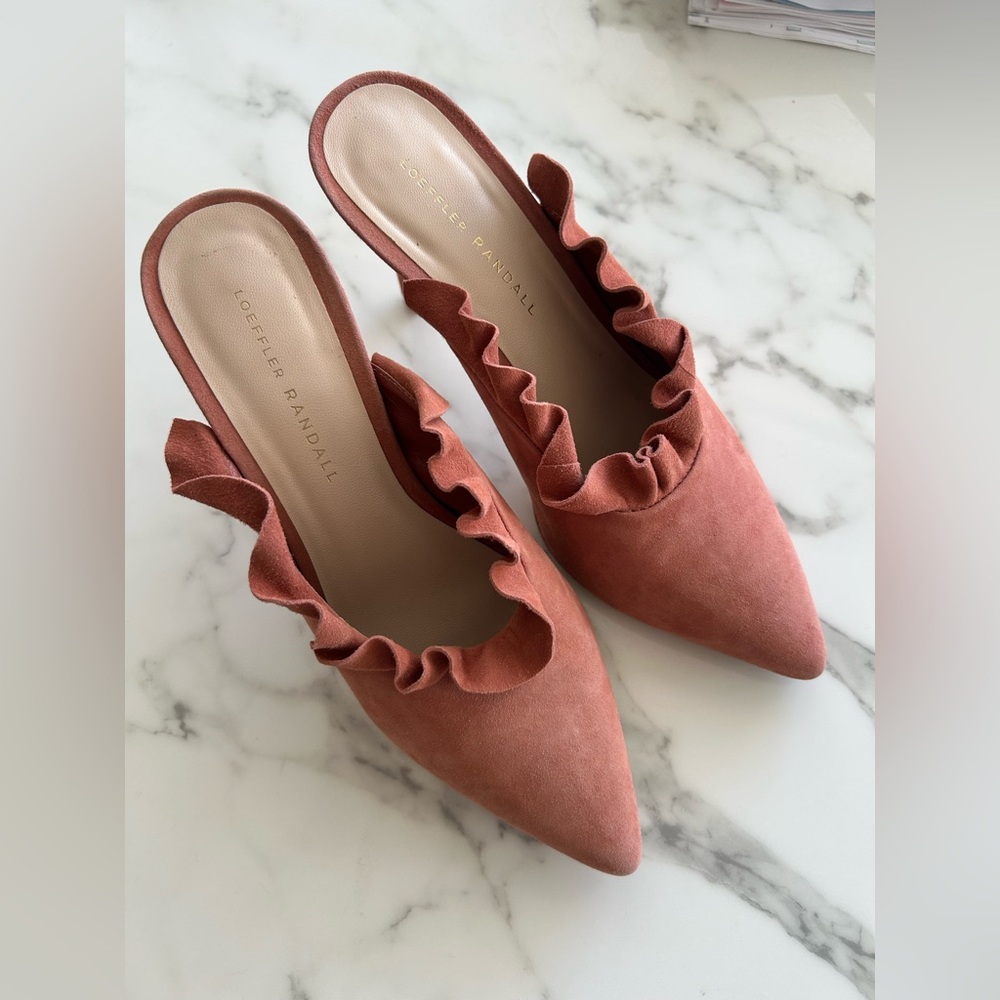 EXC 🎀 Loeffler Randall Langley Ruffle Mules Heels Dusty Rose Pink 8